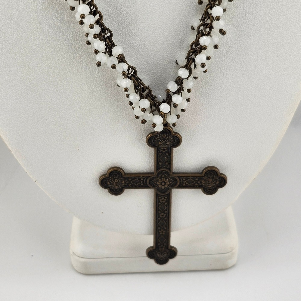 Bronze Cross Pendant Necklace White‎ Beaded Chain Religious Jewelry